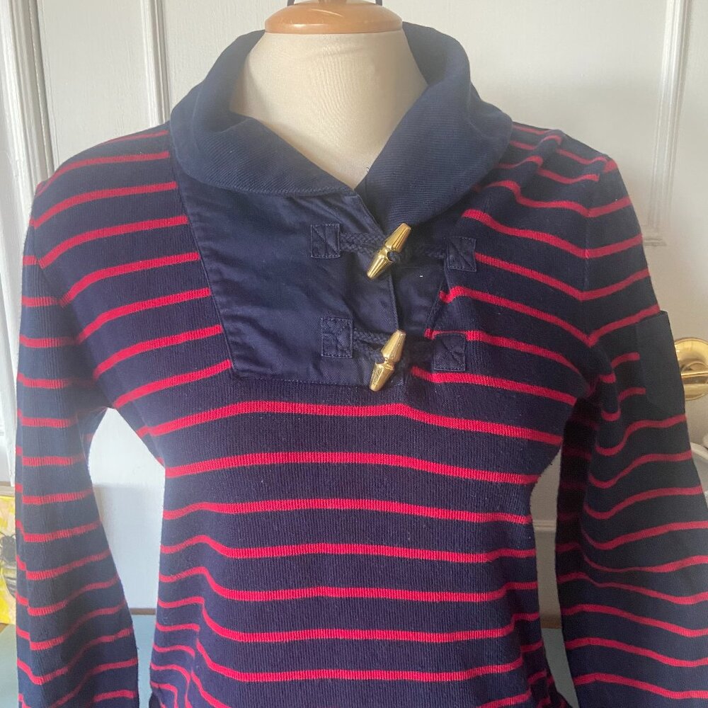Ralph Lauren LRL Pullover Sweater Red Blue Stripe Shawl Collar - Medium